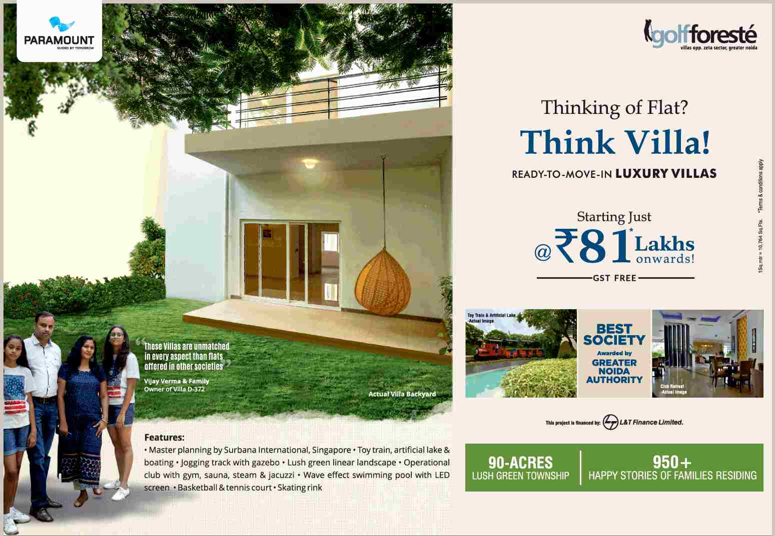 Book ready to move-in luxury villas starting at Rs. 81 Lakhs onwards at Paramount Golf Foreste in Noida